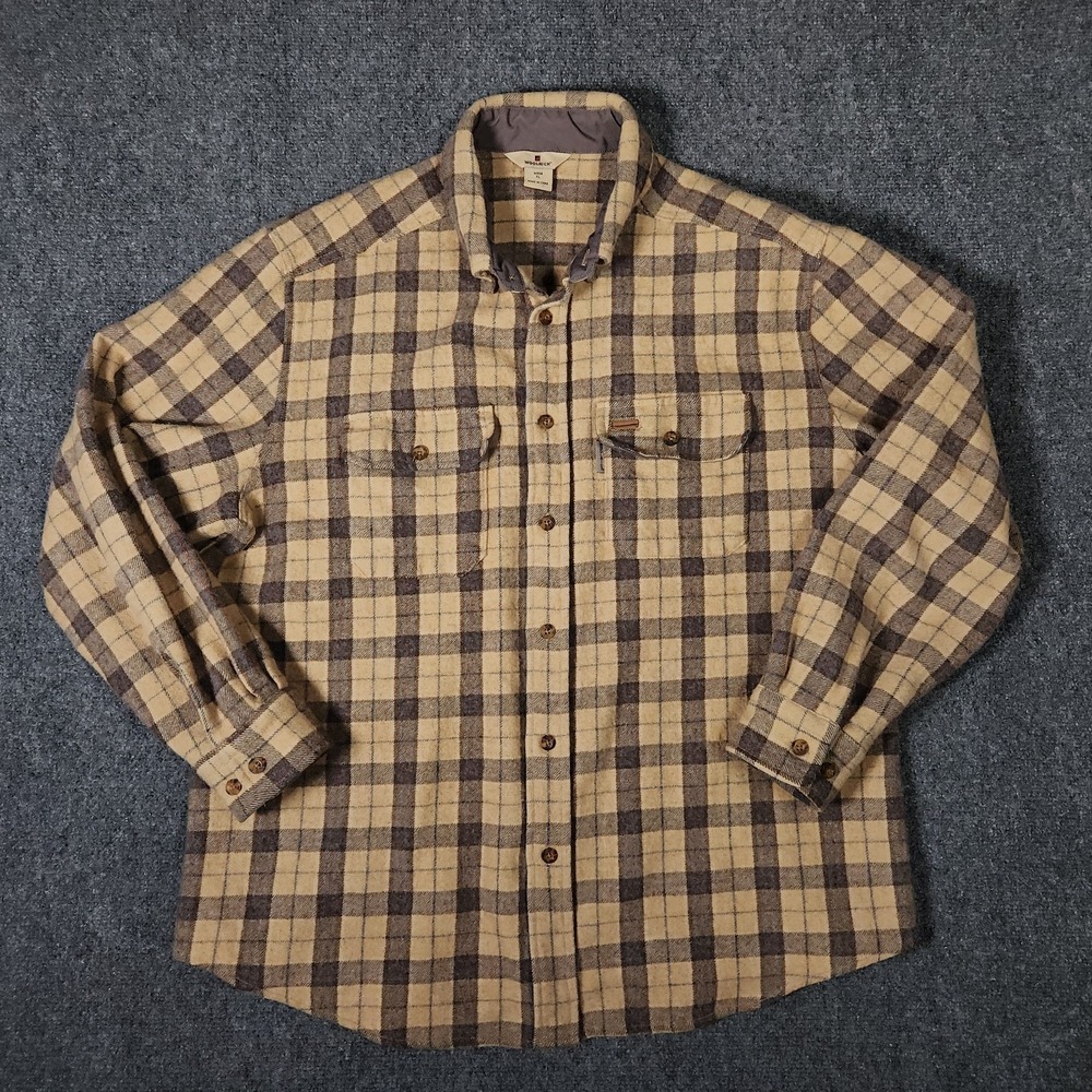 Woolrich Mens Wool Button Front Beige Brown Plaid Fits like Med / Large ( XL )